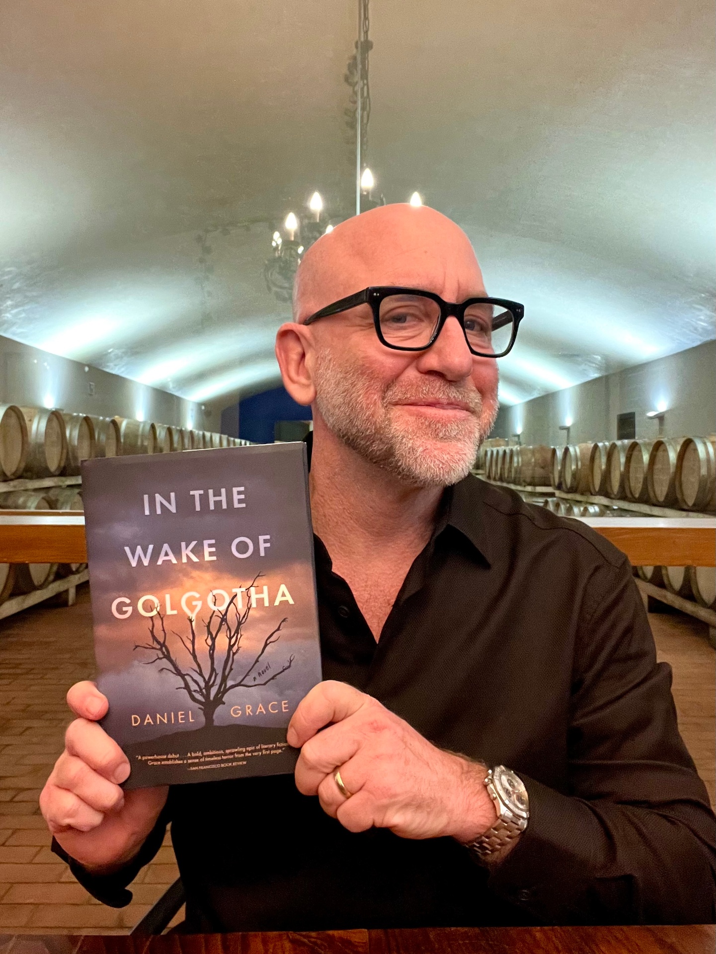 Daniel Grace with In the Wake of Golgotha in the Il Molino di Grace cellar
