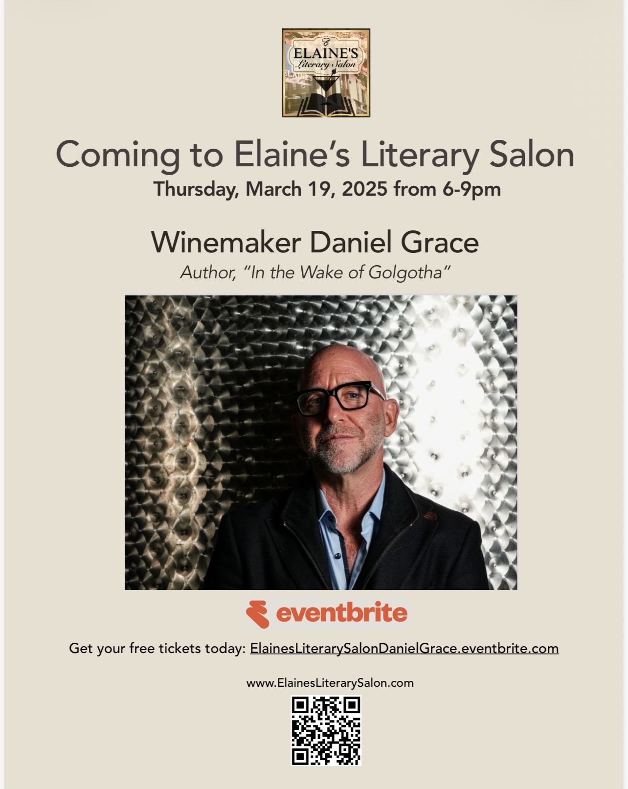Elaine's Literary Salon event poster — March 19, 2025