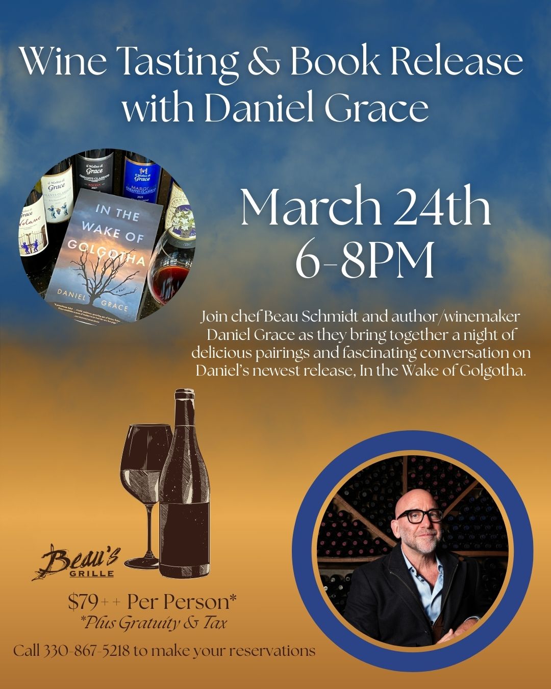 Wine Tasting & Book Release poster — Beau's Grille, March 24