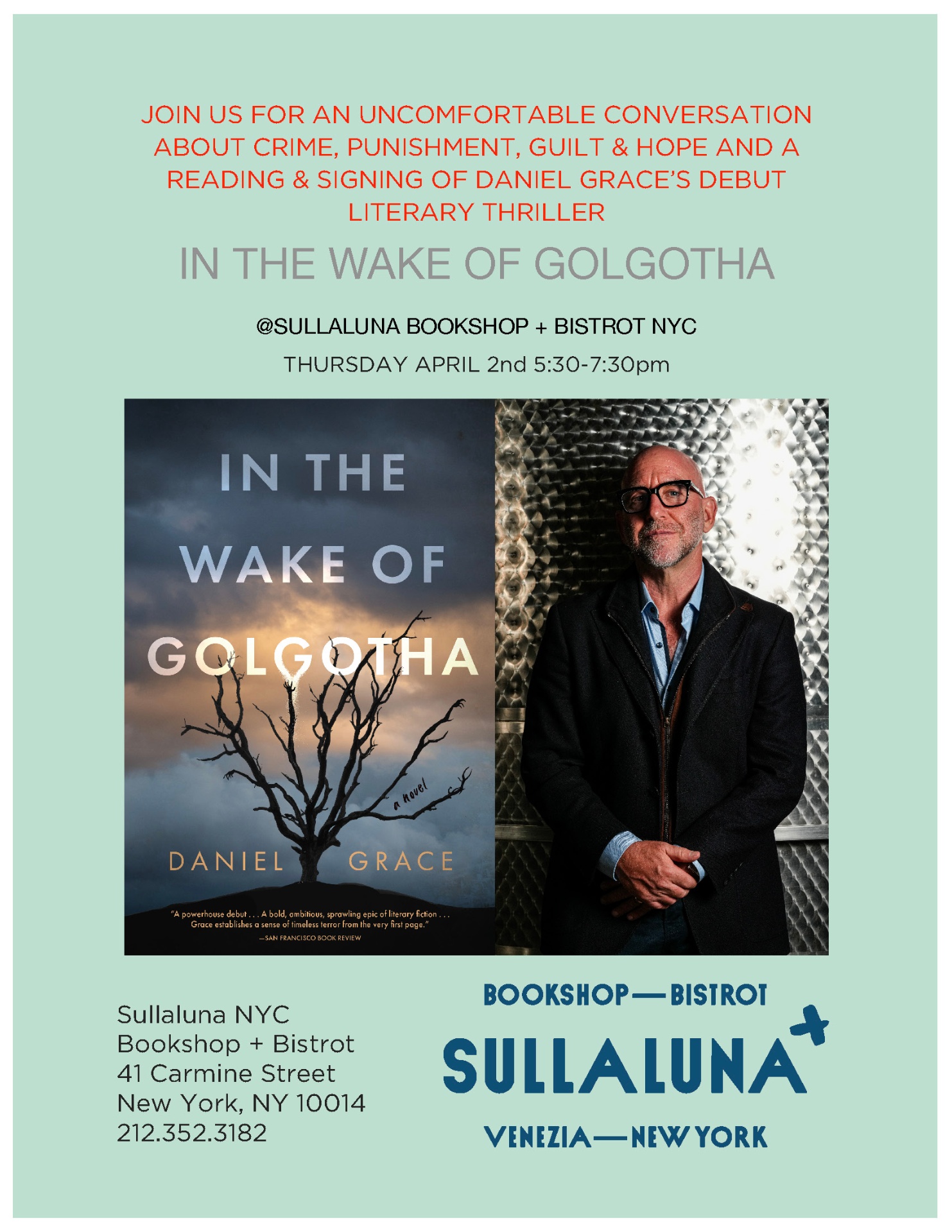 Sullaluna NYC Bookshop + Bistrot event poster — April 2